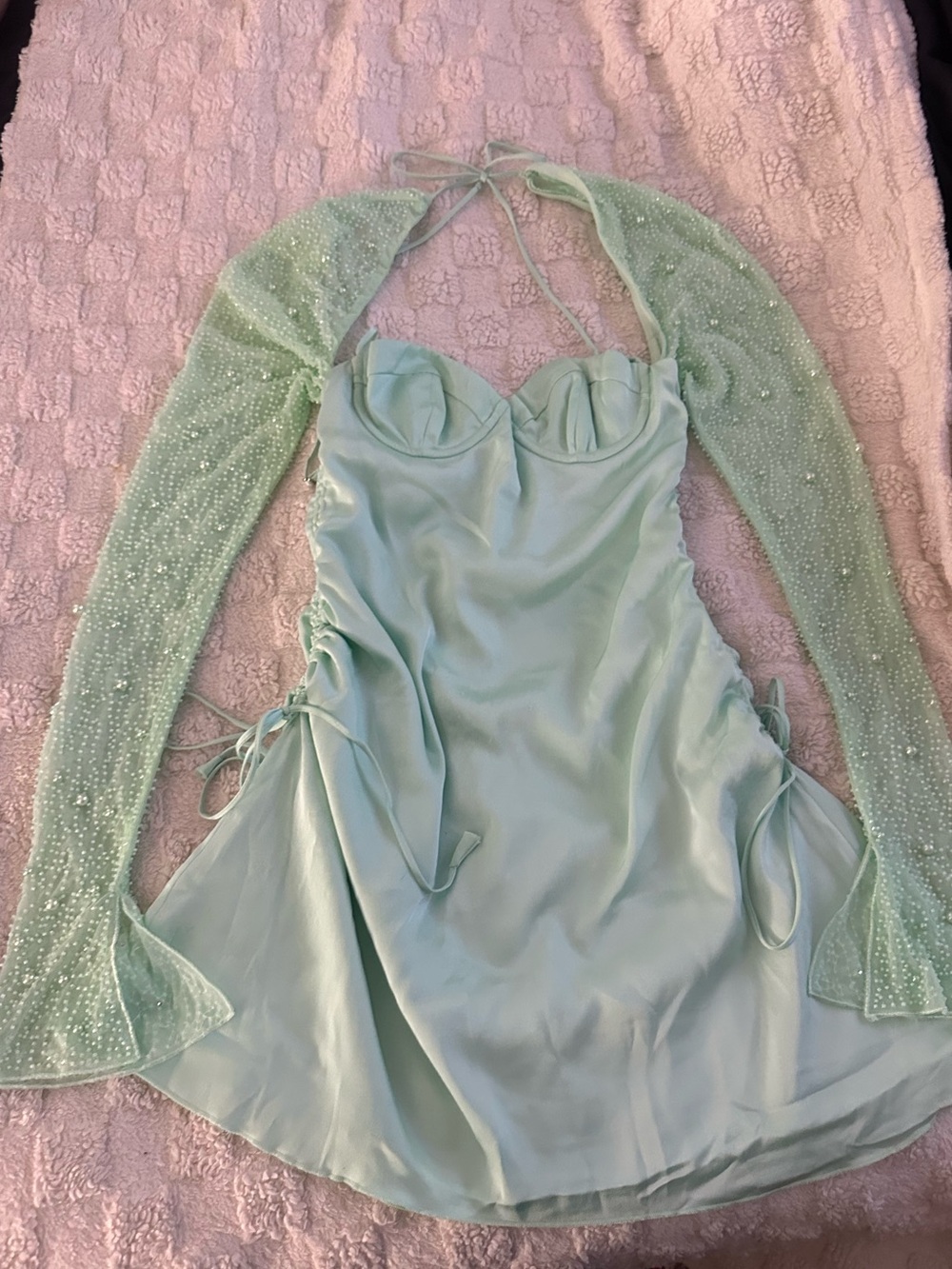 SMALL SIZE 4 Oh Polly Mint Green Satin Mini Dress with Halter Straps